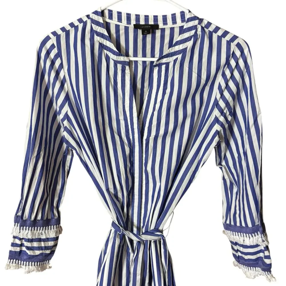 J.Crew Blue White Stripe Tie Waist Shirt Dress‎ Size 0 Coastal Summer Tunic